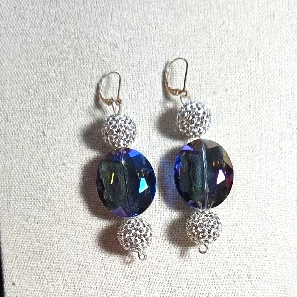 925 Faceted Glass Rhinestone Disco Ball Lever Back Earrings